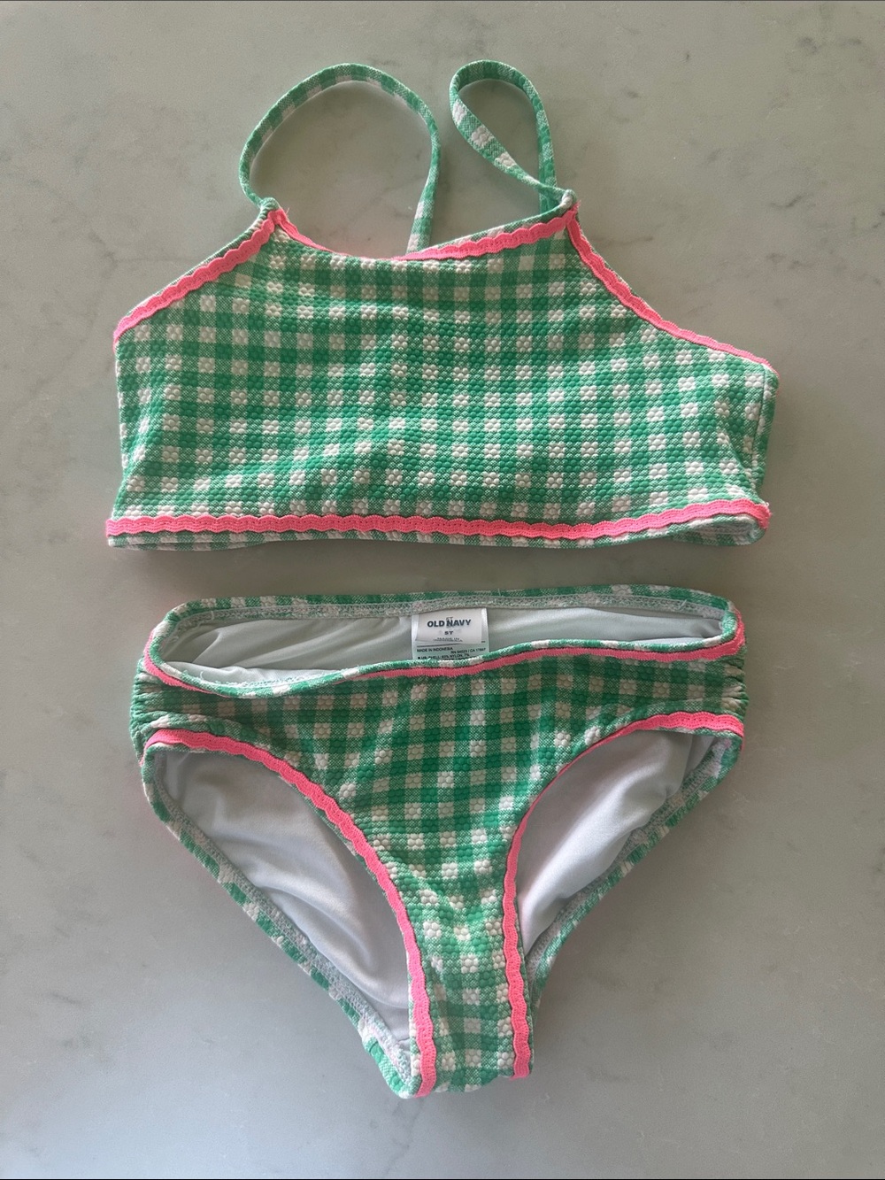 Old Navy Green Gingham Kids Two-Piece Swimsuit with Pink ric-rac trim